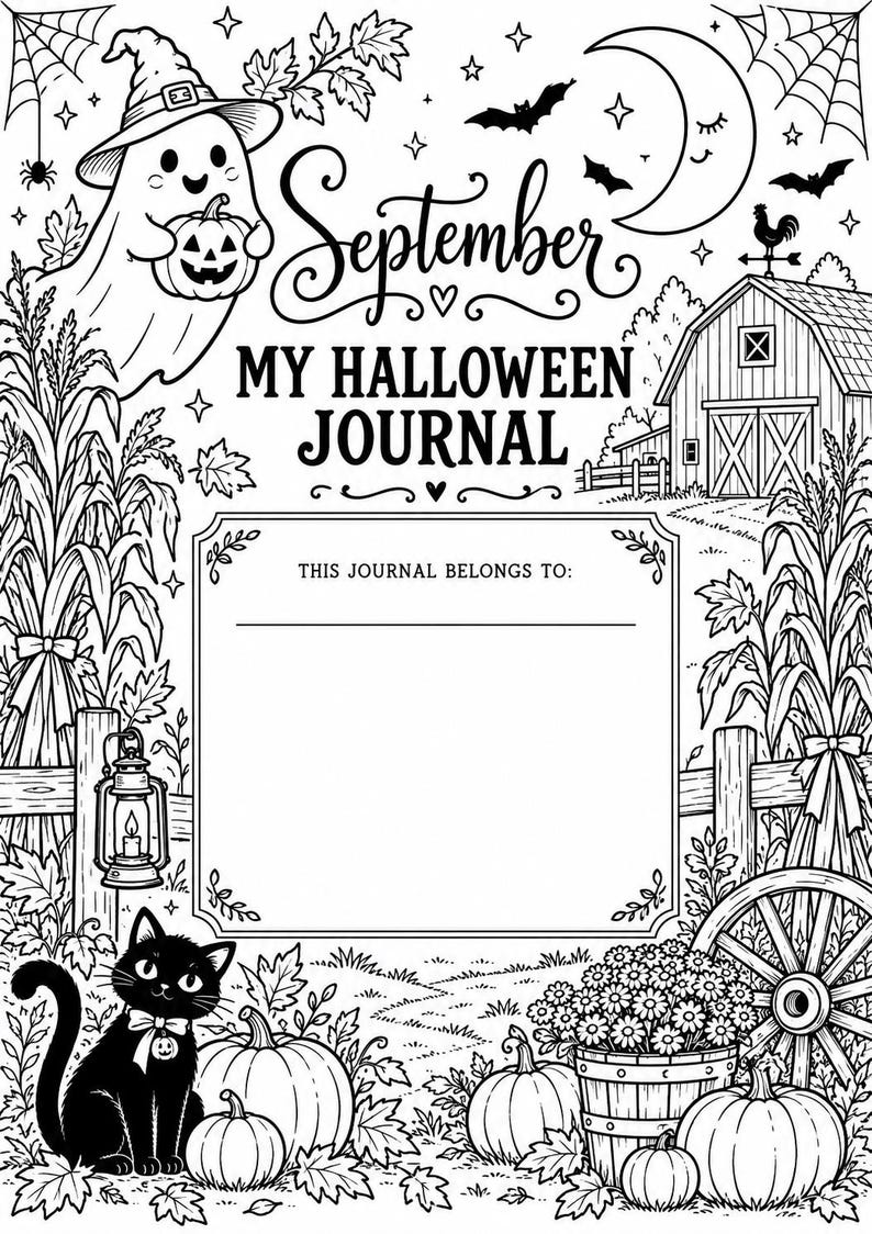 Op de afbeelding: Een zwart-wit kleurplaat met de titel September MY HALLOWEEN JOURNAL en een leeg vak in het midden voor een naam. Het ontwerp bevat een geest, een zwarte kat, pompoenen, een schuur, een maansikkel, vleermuizen, ma&iuml;splanten en een lantaarn.