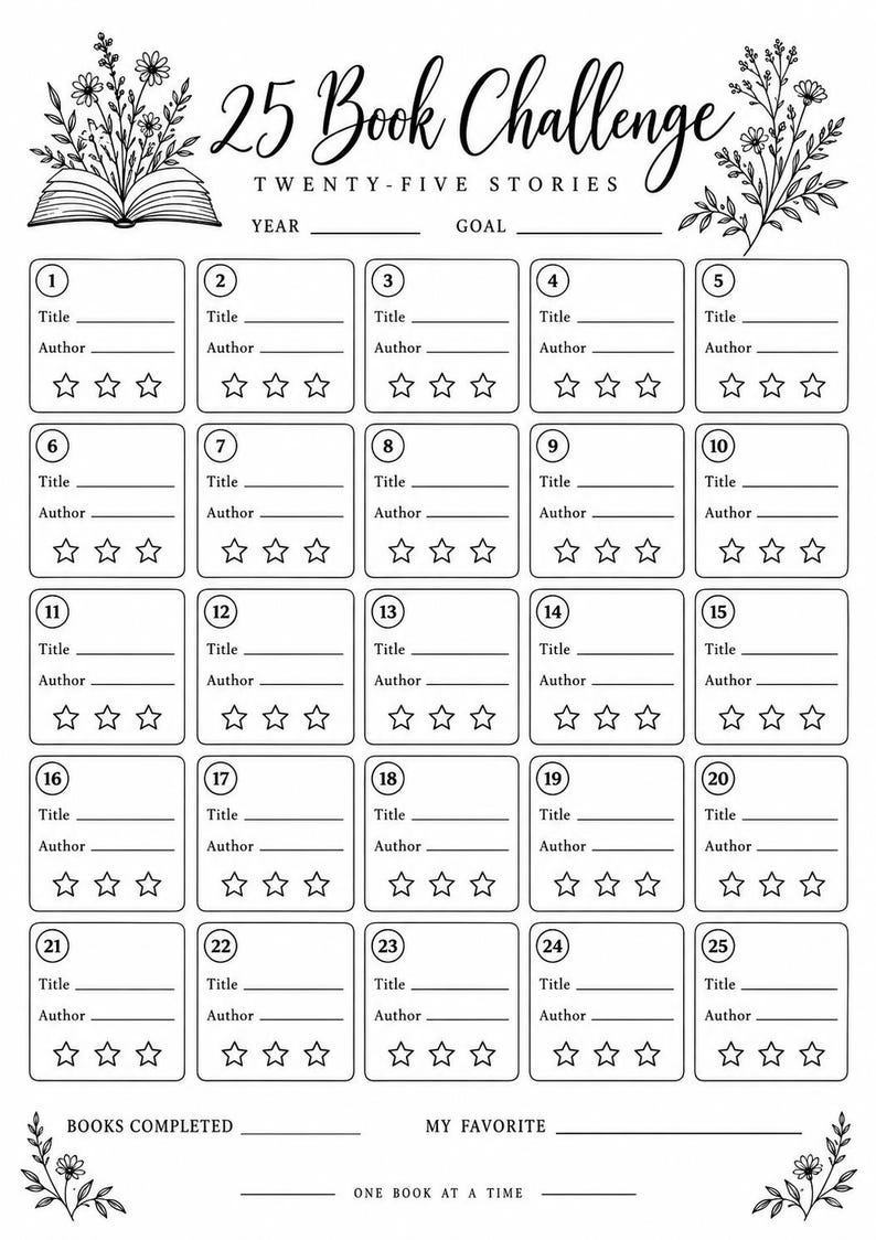 May include: A black and white printable 25 Book Challenge tracker sheet featuring floral illustrations, a book icon, and numbered boxes from 1 to 25. Each box includes lines for Title and Author, plus three stars for rating. Text includes 25 Book Challenge, Twenty-Five Stories, Year, Goal, Books Completed, My Favorite, and One Book At A Time.