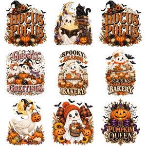 Puede incluir: Una colecci&oacute;n de nueve ilustraciones con tem&aacute;tica de Halloween que incluyen fantasmas, calabazas, murci&eacute;lagos y girasoles. Los dise&ntilde;os incluyen textos como Hocus Pocus, Spooky Season Bakery, Ghostly Greetings y Pumpkin Queen en naranja, negro y blanco.