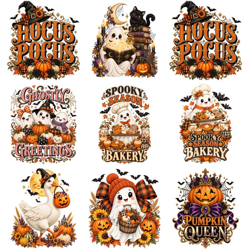 Puede incluir: Una colecci&oacute;n de nueve ilustraciones con tem&aacute;tica de Halloween que incluyen fantasmas, calabazas, murci&eacute;lagos y girasoles. Los dise&ntilde;os incluyen textos como Hocus Pocus, Spooky Season Bakery, Ghostly Greetings y Pumpkin Queen en naranja, negro y blanco.