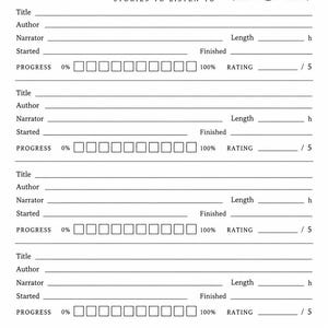 May include: A black and white printable audiobook tracker sheet featuring the text Audiobook Tracker Stories to Listen To, with an illustration of headphones and an open book. It includes four entry sections for title, author, narrator, length, dates, progress boxes, and rating, plus total finished and total hours fields.