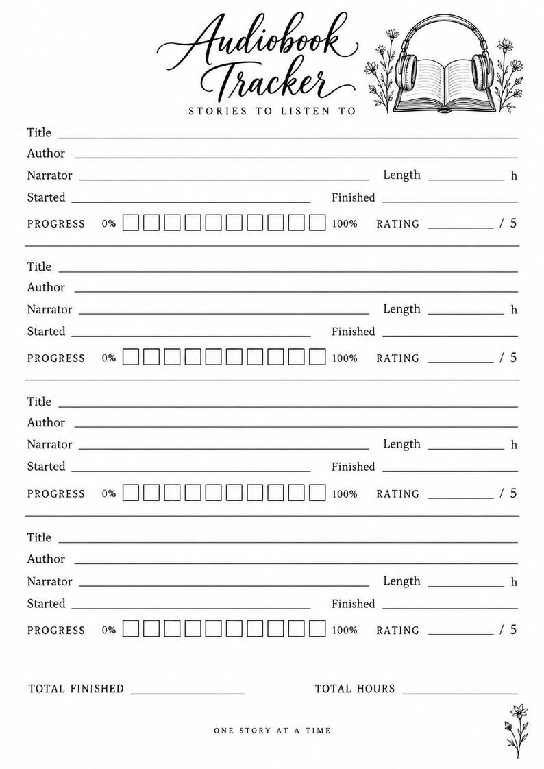 May include: A black and white printable audiobook tracker sheet featuring the text Audiobook Tracker Stories to Listen To, with an illustration of headphones and an open book. It includes four entry sections for title, author, narrator, length, dates, progress boxes, and rating, plus total finished and total hours fields.