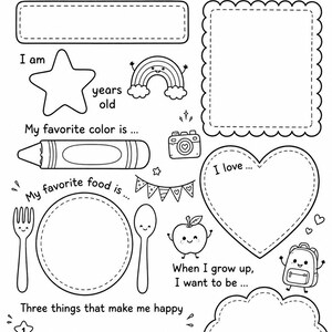 May include: A black and white printable activity sheet titled ALL ABOUT ME with sections for name, age, favorite color, favorite food, and things that make me happy. It features line art of a rainbow, camera, apple, backpack, and pencil.