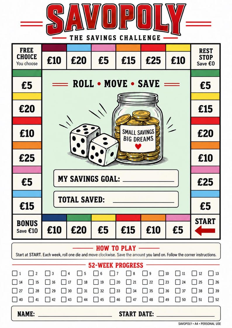 May include: A Savopoly savings challenge board game sheet featuring a colourful track with monetary values, two dice, and a central jar illustration labelled Small Savings Big Dreams. Includes sections for savings goals, total saved, and a 52-week progress tracker.