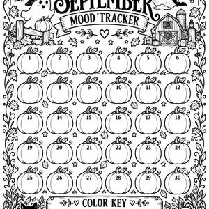 Op de afbeelding: Een zwart-wit afdrukbare stemmings-tracker voor september met een raster van dertig genummerde pompoenillustraties, een schuur, geesten, een kat en een kleurcode met labels voor gelukkig, productief, gestrest, kalm, moe en dankbaar.
