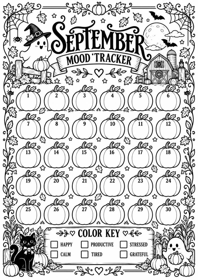 Op de afbeelding: Een zwart-wit afdrukbare stemmings-tracker voor september met een raster van dertig genummerde pompoenillustraties, een schuur, geesten, een kat en een kleurcode met labels voor gelukkig, productief, gestrest, kalm, moe en dankbaar.