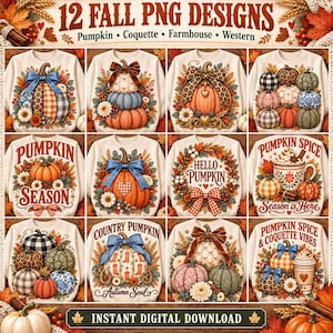 May include: A digital collection of 12 autumn-themed PNG designs featuring various pumpkin illustrations, bows, floral accents, and text such as Pumpkin Season, Hello Pumpkin, and Pumpkin Spice. The graphics are displayed on white sweatshirts.