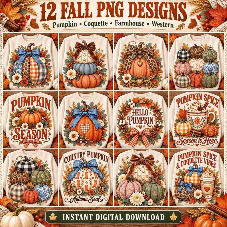 May include: A digital collection of 12 autumn-themed PNG designs featuring various pumpkin illustrations, bows, floral accents, and text such as Pumpkin Season, Hello Pumpkin, and Pumpkin Spice. The graphics are displayed on white sweatshirts.