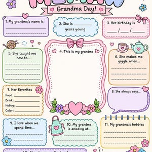 May include: A printable questionnaire titled All About My Memaw Grandma Day with twelve fill-in-the-blank sections, decorated with pastel illustrations of hearts, flowers, a teapot, a ball of yarn, and a cup of tea on a cream background.