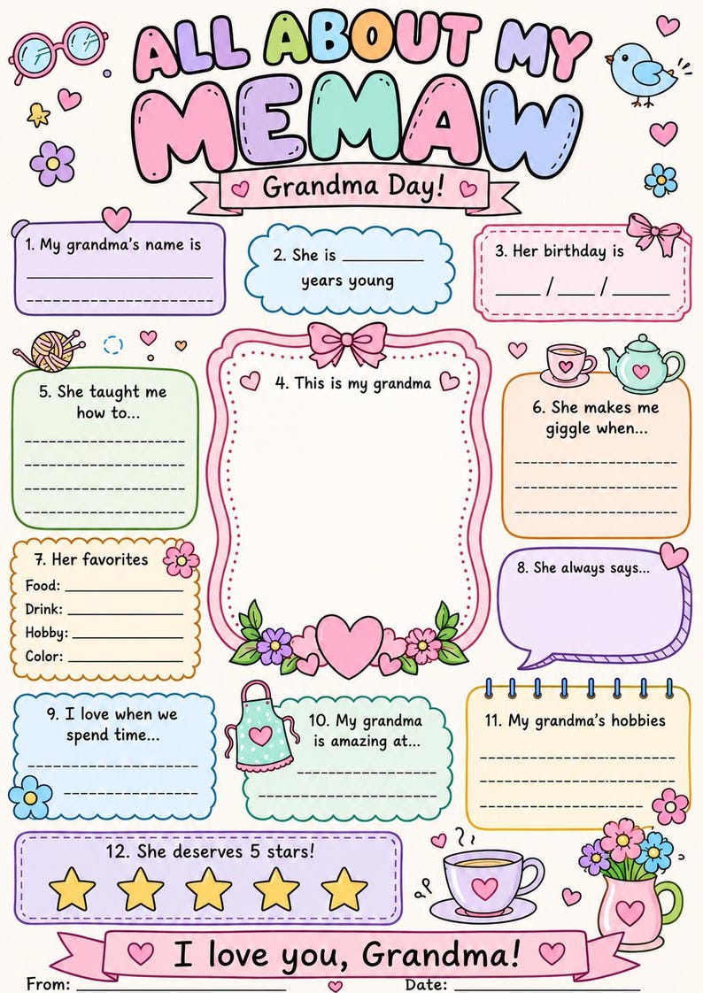 May include: A printable questionnaire titled All About My Memaw Grandma Day with twelve fill-in-the-blank sections, decorated with pastel illustrations of hearts, flowers, a teapot, a ball of yarn, and a cup of tea on a cream background.