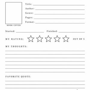May include: A black and white book review template featuring the text Book Review, a box for a book cover, and lines for title, author, genre, pages, and format. It includes a five-star rating system, lines for thoughts, a favourite quote, and a recommendation section.