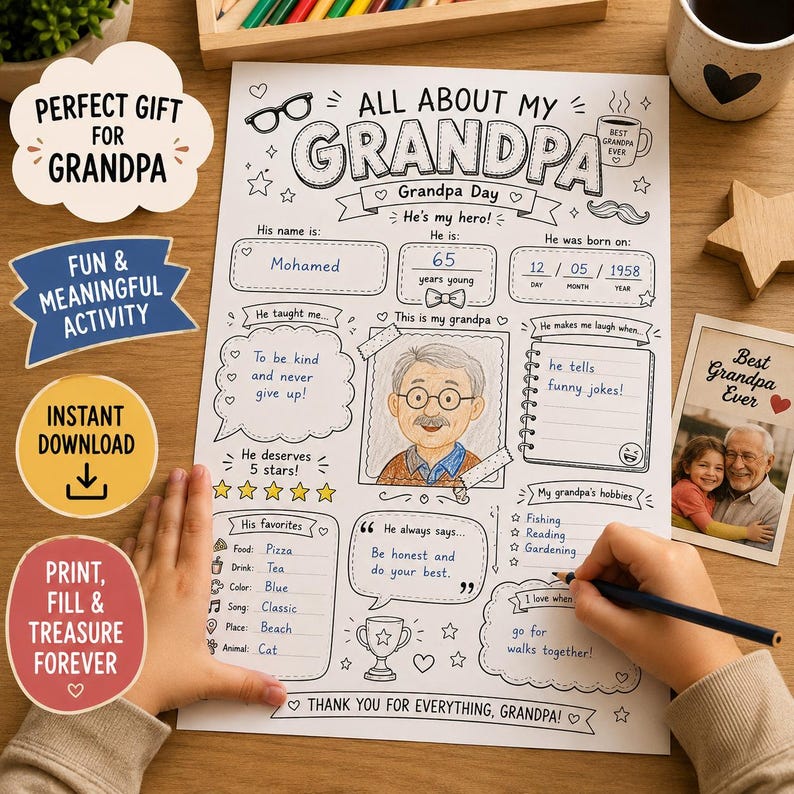May include: A white paper activity sheet titled All About My Grandpa with black line art illustrations, including a central portrait of a man with glasses, sections for personal details, hobbies, and favorites, and handwritten blue ink text.