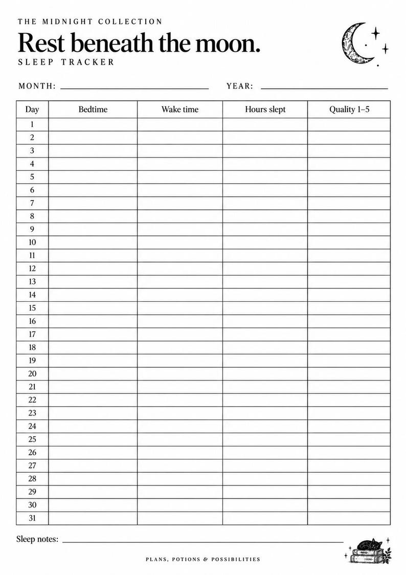 K&ouml;nnte beinhalten: Ein schwarz-wei&szlig;er Schlaf-Tracker zum Ausdrucken mit dem Text The Midnight Collection, Rest beneath the moon und Sleep Tracker. Er enth&auml;lt eine Tabelle mit Spalten f&uuml;r Tag, Schlafenszeit, Aufwachzeit, Schlafdauer und Qualit&auml;t sowie einen Notizbereich.