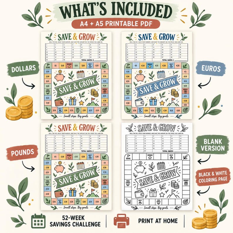 May include: Four printable A4 and A5 savings challenge sheets titled Save & Grow. Includes versions for dollars, euros, and pounds, plus a black and white coloring page. Each sheet features a 52-week tracker, a board game style path, and illustrations of piggy banks, wallets, and coins.