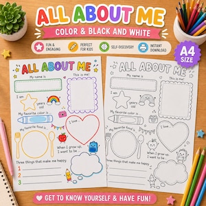 May include: Two A4 size All About Me activity sheets, one in full color and one in black and white. Each sheet features prompts for name, age, favorite color, favorite food, and interests, decorated with illustrations of a rainbow, apple, and backpack.