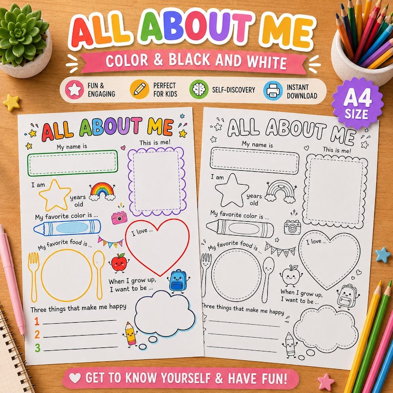 May include: Two A4 size All About Me activity sheets, one in full color and one in black and white. Each sheet features prompts for name, age, favorite color, favorite food, and interests, decorated with illustrations of a rainbow, apple, and backpack.