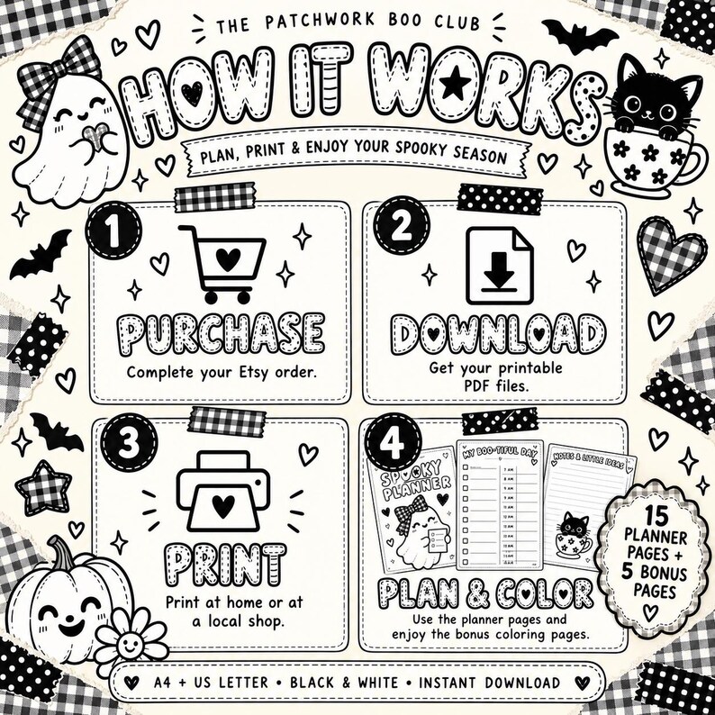 May include: A black and white instructional graphic titled The Patchwork Boo Club How It Works. It outlines four steps: 1 Purchase, 2 Download, 3 Print, and 4 Plan & Color. The design features a ghost, a cat in a teacup, pumpkins, and hearts.