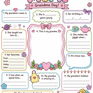 May include: A colourful printable activity sheet titled All About My Mimi Grandma Day with twelve fill-in-the-blank sections. The design features pastel illustrations of hearts, flowers, a teapot, a teacup, a ball of yarn, and an apron, with space for a photo.