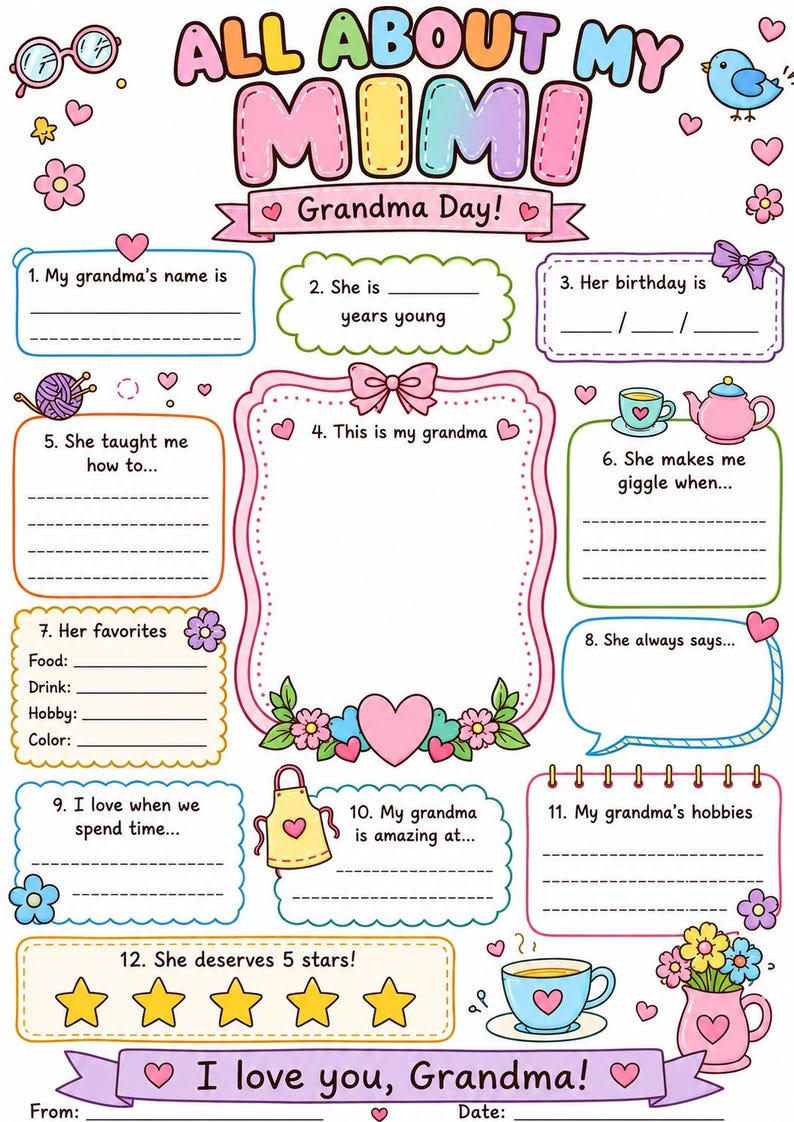 May include: A colourful printable activity sheet titled All About My Mimi Grandma Day with twelve fill-in-the-blank sections. The design features pastel illustrations of hearts, flowers, a teapot, a teacup, a ball of yarn, and an apron, with space for a photo.