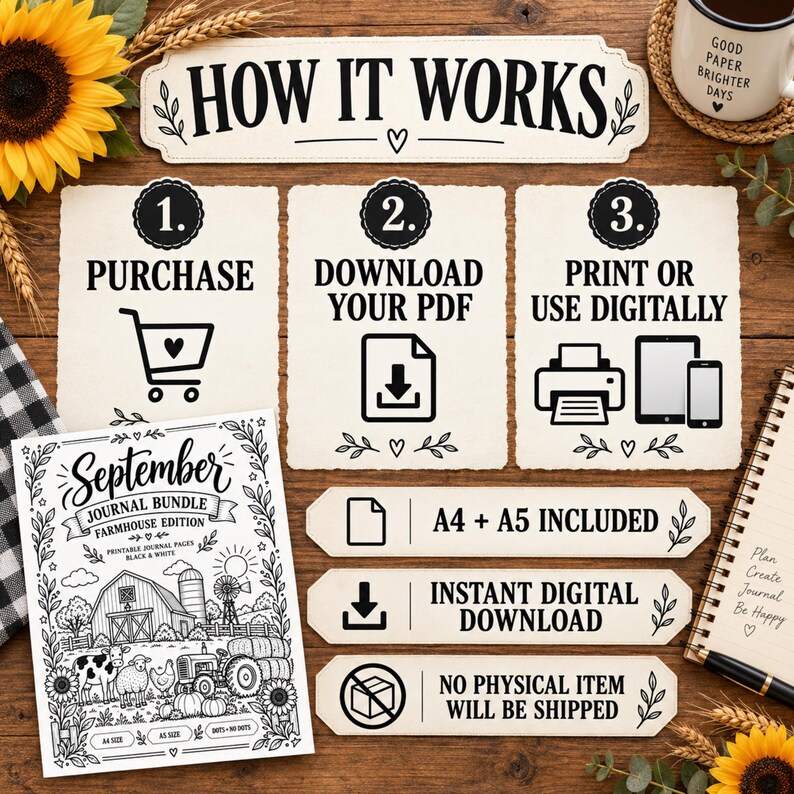 May include: A digital instructional graphic titled HOW IT WORKS with three steps: 1. PURCHASE with a shopping cart icon, 2. DOWNLOAD YOUR PDF with a download icon, and 3. PRINT OR USE DIGITALLY with printer, tablet, and phone icons. Includes A4 and A5 labels.