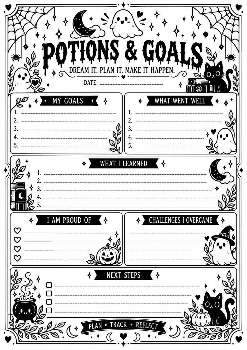 以下が含まれることがあります： POTIONS & GOALS DREAM IT. PLAN IT. MAKE IT HAPPEN.というタイトルの白黒のプランナーページ。セクションには、MY GOALS、WHAT WENT WELL、WHAT I LEARNED、I AM PROUD OF、CHALLENGES I OVERCAME、NEXT STEPSが含まれています。幽霊、猫、カボチャのイラストで装飾されています。
