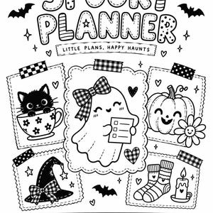 May include: A black and white coloring page titled The Patchwork Boo Club Spooky Planner. It features a central ghost holding a checklist, surrounded by illustrations of a cat in a teacup, a pumpkin, a witch hat, socks, and a candle.