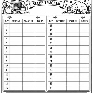 May include: A black and white printable September sleep tracker page featuring a farm theme with a barn, pumpkins, sunflowers, and a sleeping sheep. The layout includes two columns for days 1 through 30, with headers for bedtime, wake up, and hours, plus a notes section.