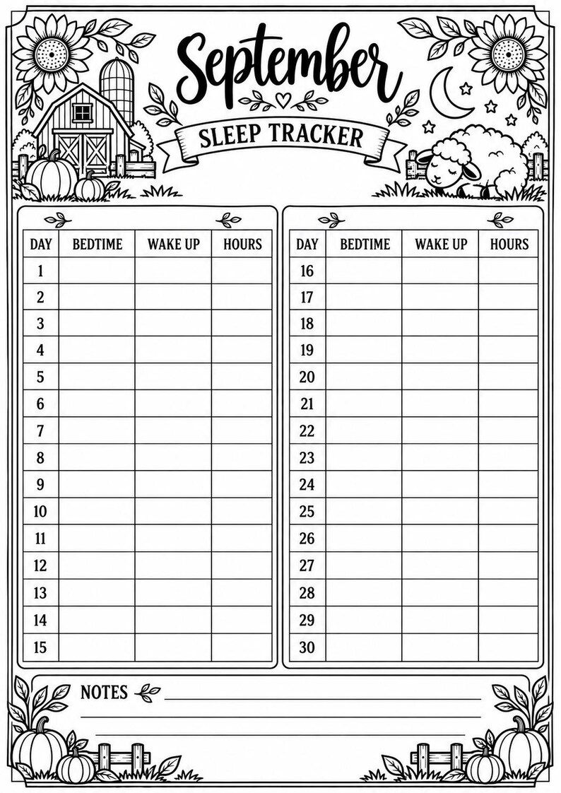 May include: A black and white printable September sleep tracker page featuring a farm theme with a barn, pumpkins, sunflowers, and a sleeping sheep. The layout includes two columns for days 1 through 30, with headers for bedtime, wake up, and hours, plus a notes section.