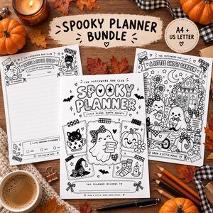 May include: A Spooky Planner bundle featuring three white paper sheets with black line art illustrations of ghosts, pumpkins, cats, and autumn motifs. The text includes Spooky Planner Bundle, A4 + US Letter, Notes & Little Ideas, and A Little Ghost Garden.