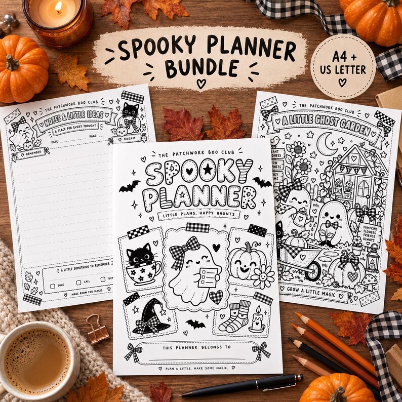 May include: A Spooky Planner bundle featuring three white paper sheets with black line art illustrations of ghosts, pumpkins, cats, and autumn motifs. The text includes Spooky Planner Bundle, A4 + US Letter, Notes & Little Ideas, and A Little Ghost Garden.