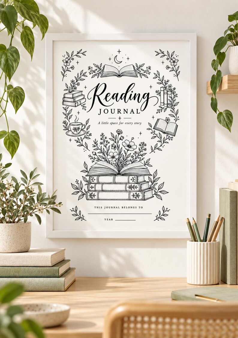 May include: A white framed print featuring black line art of a reading journal cover. The design includes stacks of books, a teacup, flowers, and the text Reading JOURNAL A little space for every story, THIS JOURNAL BELONGS TO, and YEAR.