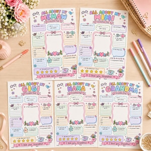 May include: Five printable activity sheets titled All About My Memaw, Mimi, Gigi, Nana, and Grandma. Each sheet features pastel-coloured fill-in-the-blank sections, a central drawing box, and five stars to colour, decorated with tea cups and flowers.