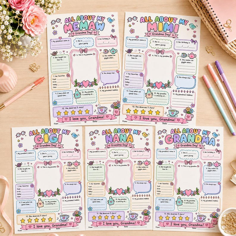 May include: Five printable activity sheets titled All About My Memaw, Mimi, Gigi, Nana, and Grandma. Each sheet features pastel-coloured fill-in-the-blank sections, a central drawing box, and five stars to colour, decorated with tea cups and flowers.