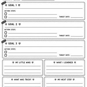 May include: A black and white goal setting planner page titled The Patchwork Boo Club Little Goals, Big Magic. It features sections for three goals with action steps and target dates, plus areas for wins, lessons, challenges, and next steps.
