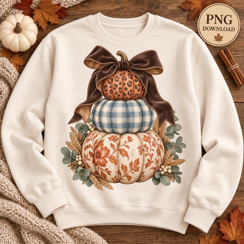 May include: A cream-coloured crewneck sweatshirt featuring a graphic of three stacked pumpkins. The top pumpkin has a leopard print, the middle has a blue and white gingham pattern, and the bottom has a floral print, all topped with a large brown bow.