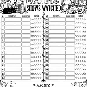 Op de afbeelding: Een zwart-wit printbaar trackerblad met de titel September Shows Watched, voorzien van illustraties van geesten, pompoenen, zwarte katten en een televisie. De lay-out bevat dertig genummerde rijen met kolommen voor showtitel, seizoen, aflevering en sterbeoordelingen.
