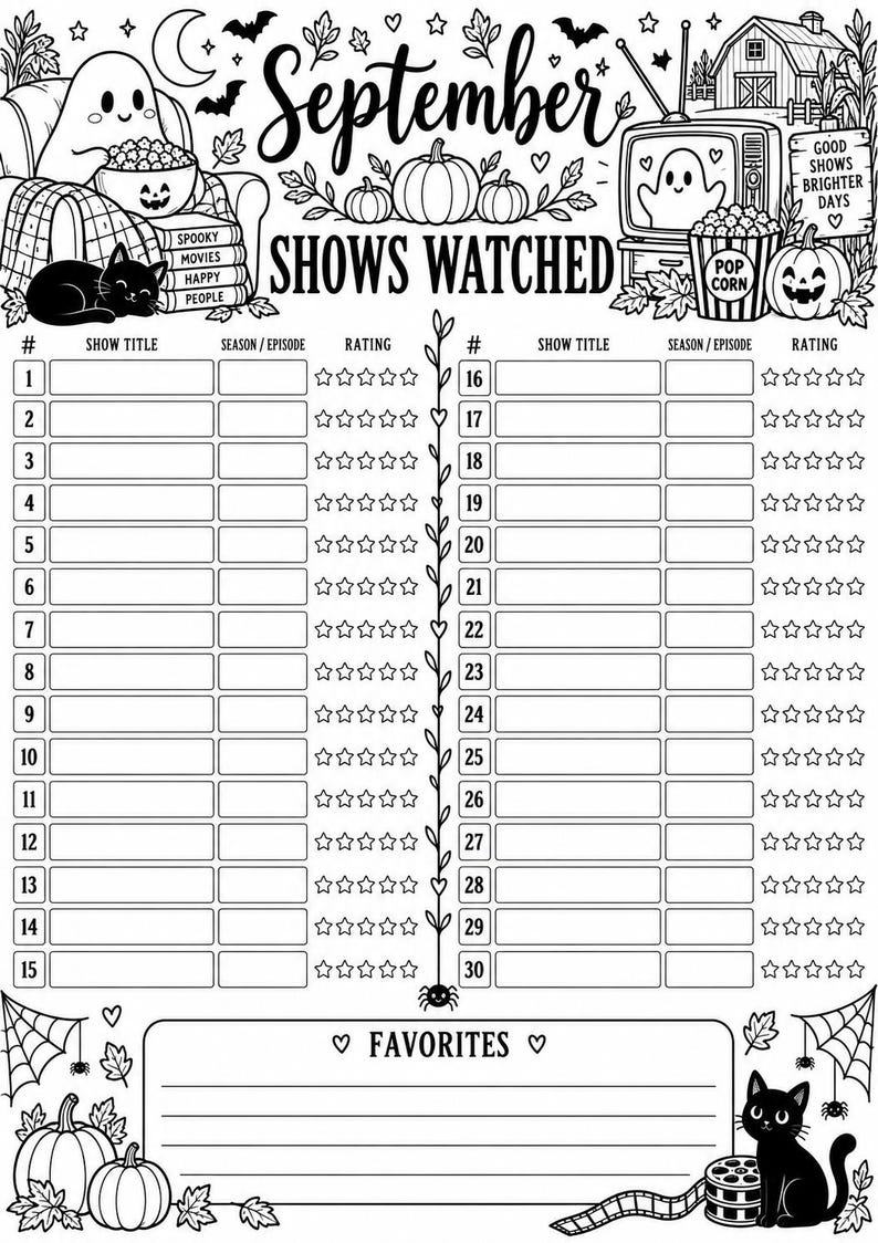Op de afbeelding: Een zwart-wit printbaar trackerblad met de titel September Shows Watched, voorzien van illustraties van geesten, pompoenen, zwarte katten en een televisie. De lay-out bevat dertig genummerde rijen met kolommen voor showtitel, seizoen, aflevering en sterbeoordelingen.