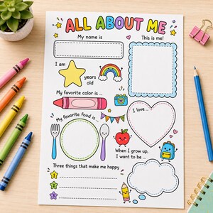 May include: A white paper activity sheet titled ALL ABOUT ME with colorful illustrations including a star, rainbow, camera, apple, and backpack. The sheet features blank spaces for writing name, age, favorite color, food, and interests with a heart shape.