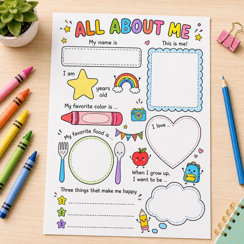 May include: A white paper activity sheet titled ALL ABOUT ME with colorful illustrations including a star, rainbow, camera, apple, and backpack. The sheet features blank spaces for writing name, age, favorite color, food, and interests with a heart shape.