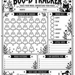 以下が含まれることがあります： BOO-D TRACKERと題された白黒の印刷可能な気分トラッカーシート。幽霊のイラスト、31日間のカレンダー、気分のキー、小さな喜び、気分のパターン、感謝、セルフケアチェックリストのセクションが含まれています。