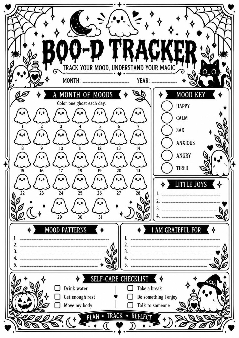以下が含まれることがあります： BOO-D TRACKERと題された白黒の印刷可能な気分トラッカーシート。幽霊のイラスト、31日間のカレンダー、気分のキー、小さな喜び、気分のパターン、感謝、セルフケアチェックリストのセクションが含まれています。