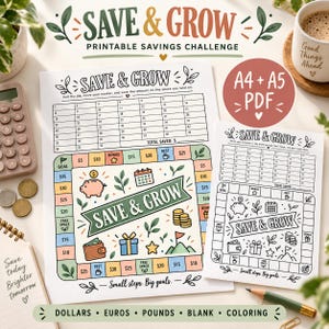 May include: A printable savings challenge board game titled SAVE & GROW, featuring a colorful grid with dollar amounts, a piggy bank, a wallet, and a gift icon. The set includes a black and white version, with text indicating A4 and A5 PDF sizes.