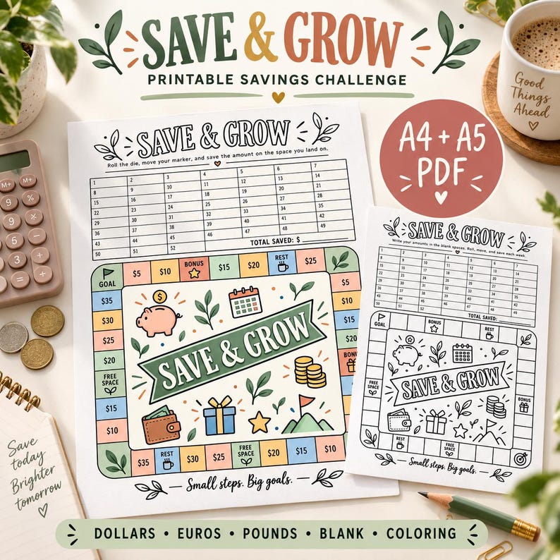 May include: A printable savings challenge board game titled SAVE & GROW, featuring a colorful grid with dollar amounts, a piggy bank, a wallet, and a gift icon. The set includes a black and white version, with text indicating A4 and A5 PDF sizes.