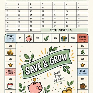 May include: A Save & Grow board game tracker featuring a numbered grid from 1 to 52 for savings progress. The board includes a path with dollar amounts, piggy bank illustrations, coin stacks, and text prompts like Start, Bonus, and Goal to track financial habits.