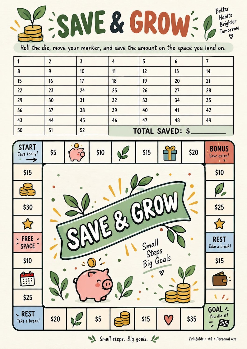 May include: A Save & Grow board game tracker featuring a numbered grid from 1 to 52 for savings progress. The board includes a path with dollar amounts, piggy bank illustrations, coin stacks, and text prompts like Start, Bonus, and Goal to track financial habits.