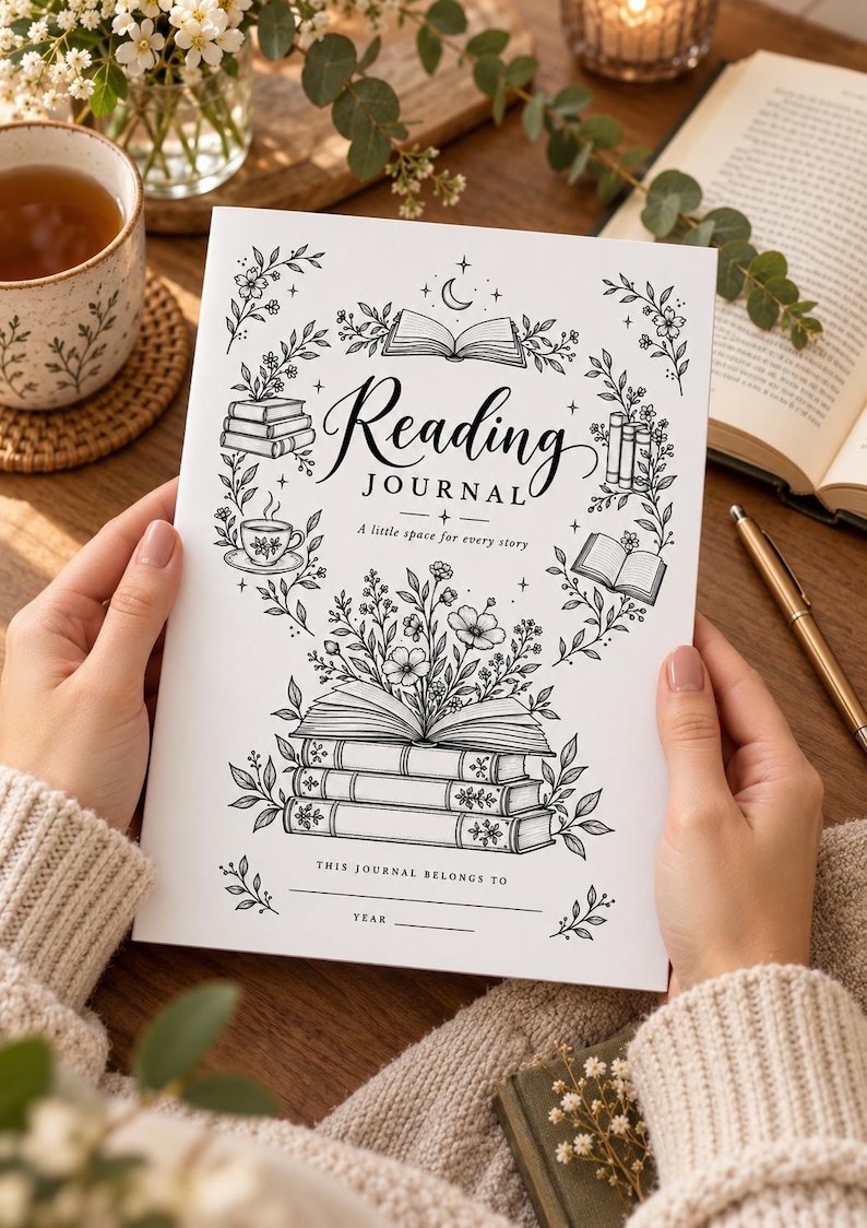 May include: A white reading journal with black line art illustrations of stacked books, flowers, and a teacup. The cover features the text Reading JOURNAL, A little space for every story, and THIS JOURNAL BELONGS TO with a line for a name and year.