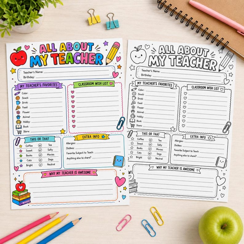 May include: Two All About My Teacher printable worksheets, one in full colour and one in black and white. Each sheet features sections for teacher details, favourites, a classroom wish list, this or that choices, extra info, and a space for notes.