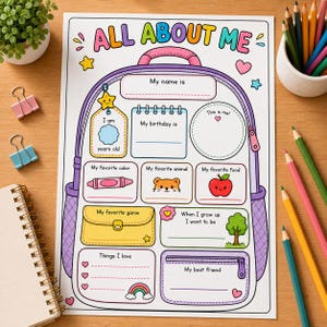 May include: A printable All About Me activity sheet shaped like a backpack with sections for name, birthday, age, favourite colour, animal, food, game, future career, and best friend, featuring colourful illustrations of a star, apple, and rainbow.