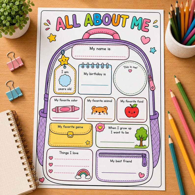 May include: A printable All About Me activity sheet shaped like a backpack with sections for name, birthday, age, favourite colour, animal, food, game, future career, and best friend, featuring colourful illustrations of a star, apple, and rainbow.