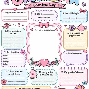 May include: A printable questionnaire titled All About My Grandma with pastel-coloured borders, hearts, and flowers. It features twelve numbered prompts for children to fill out, including spaces for a drawing, a five-star rating, and signature lines.